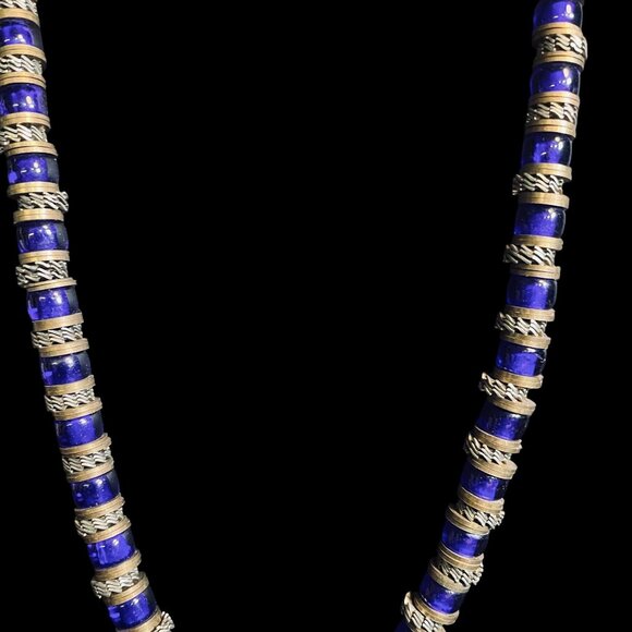 Artisan Blue Beaded Necklace Brass Accents Leather Cord Boho Tribal Vintage Look - Picture 4 of 9